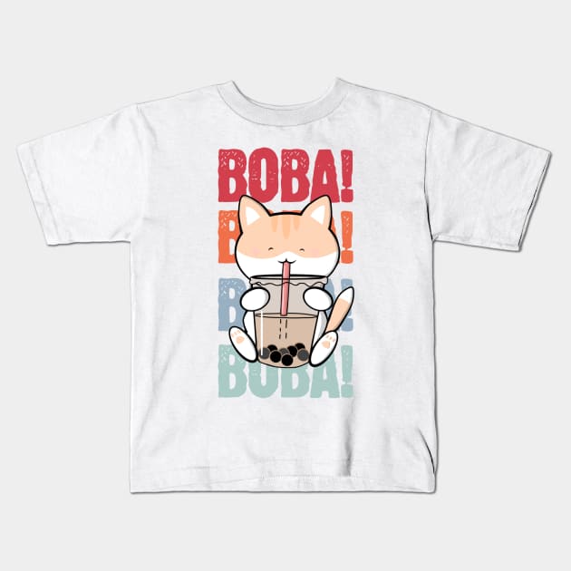 Kawaii Cat Drinking Boba Kids T-Shirt by Bucky Creative